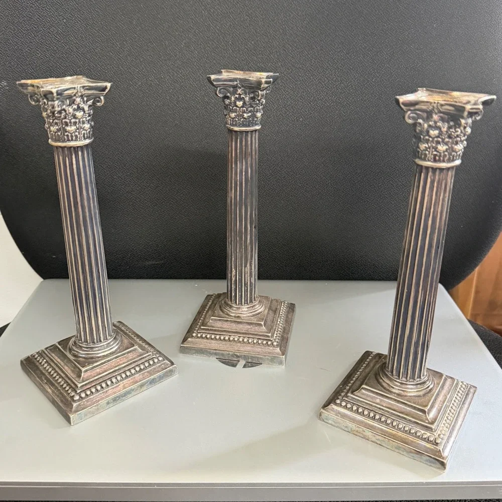 Gorham Silver Plate Corinthian Column Candlesticks Set of 3 Vintage 0138 Patina